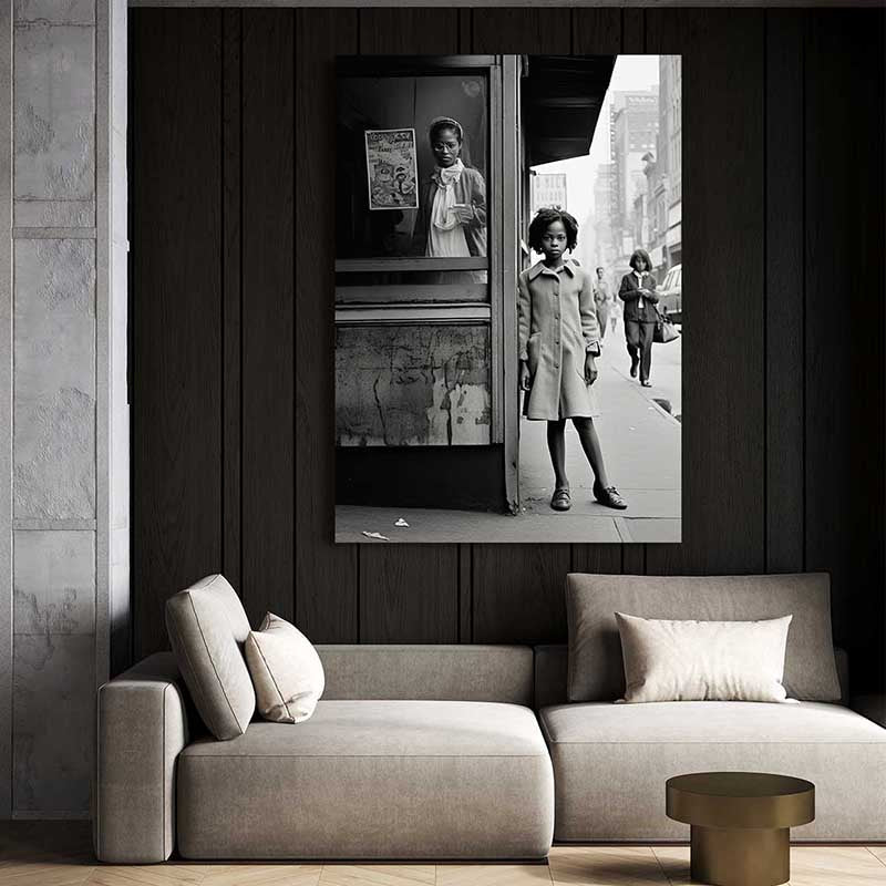 Bus Stop Black and White Photography – above a grey couch against dark panelling