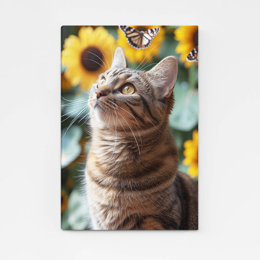 Butterfly Garden Cat Wall Art – angled canvas view on white background