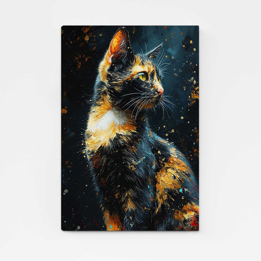 Calico Cat Wall Art — contemporary canvas print in black tones, angled canvas view on white background