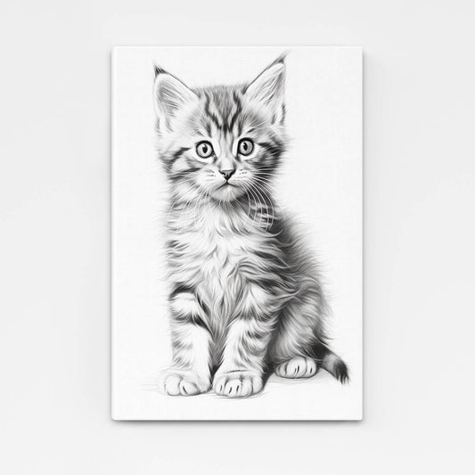 Canvas Cat Wall Art — black and white canvas print in white tones, angled canvas view on white background