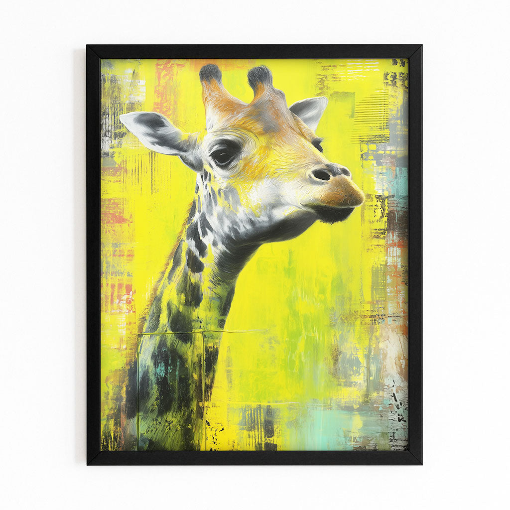 Framed artwork of a giraffe on a yellow background