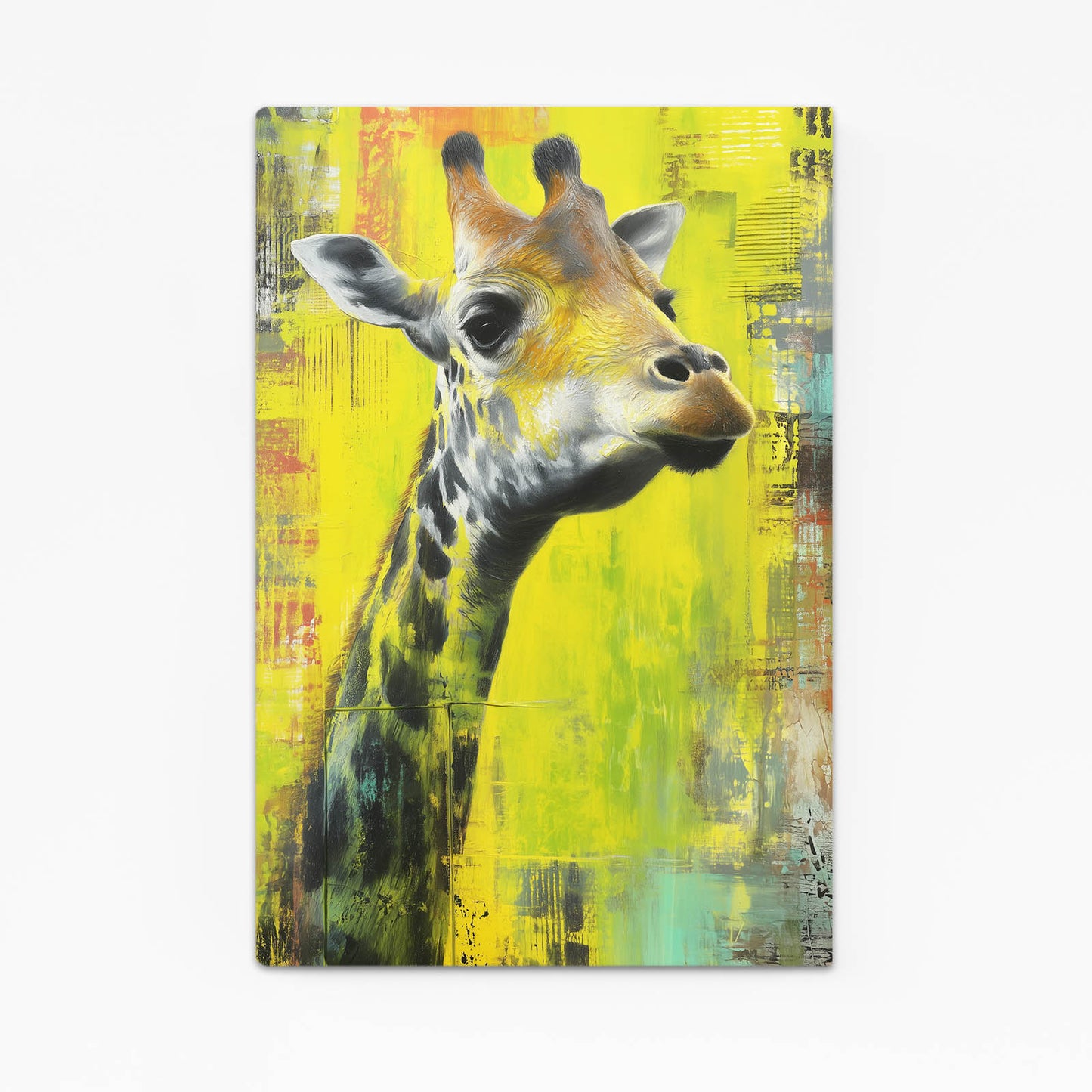Painting of a giraffe on a textured yellow background