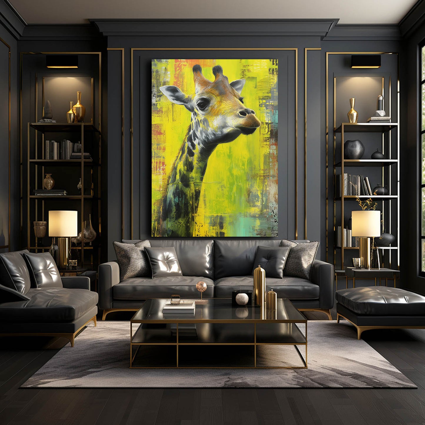 Modern living room with a large abstract painting of a giraffe on the wall.