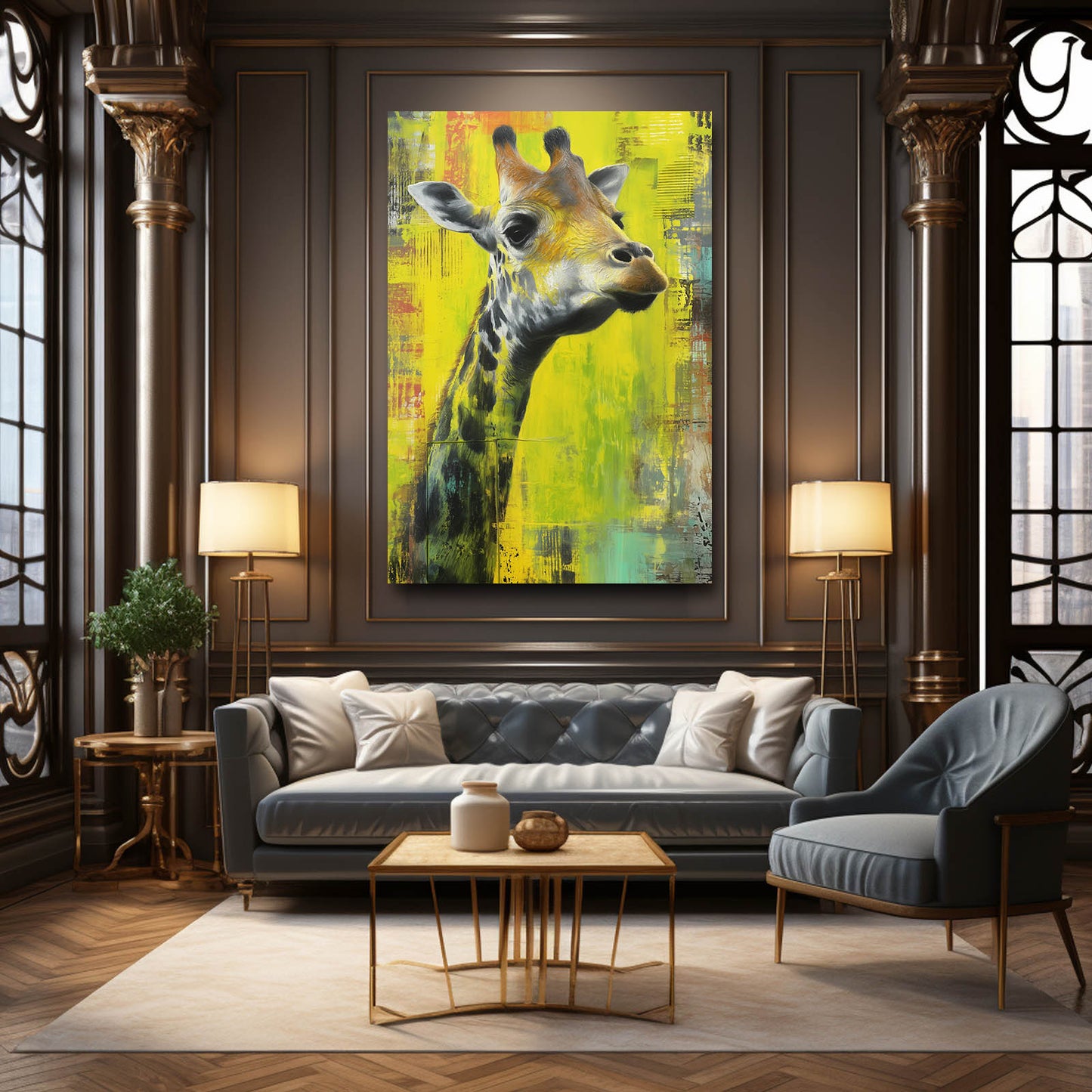 Living room with a large painting of a giraffe on the wall, gray sofa, and wooden coffee table.