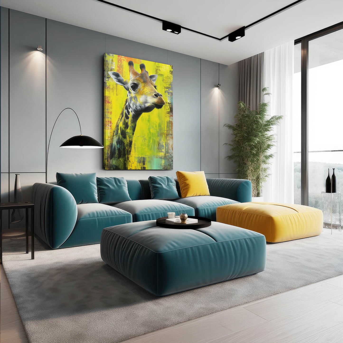 Modern living room with teal sectional sofa, yellow ottoman, and giraffe painting on wall.