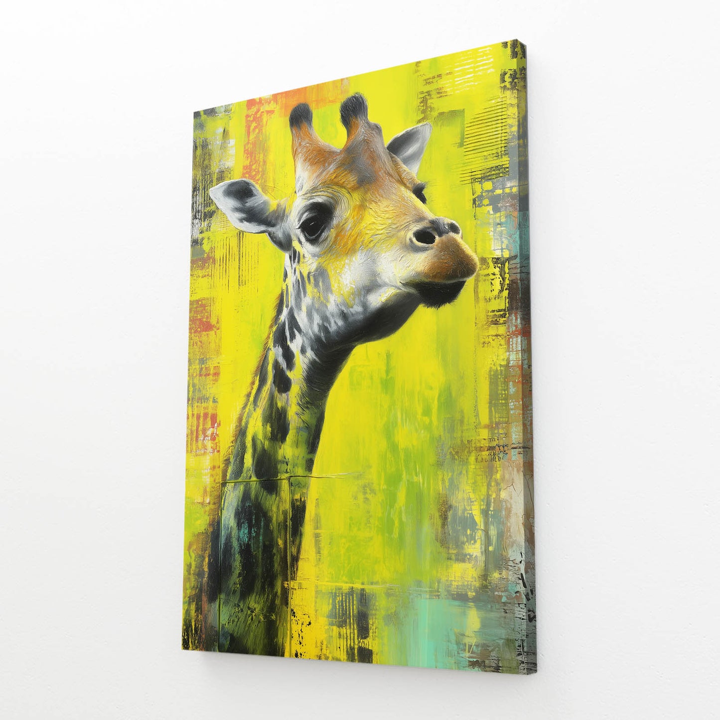 Canvas print of a giraffe with a colorful abstract background