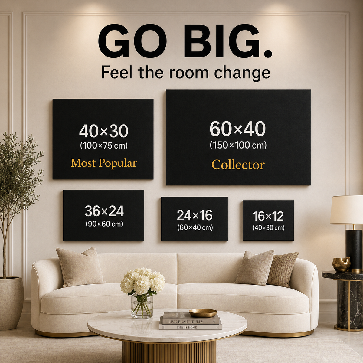 Surreal Lion Art — digital canvas print in blue tones, canvas size guide showing available print dimensions