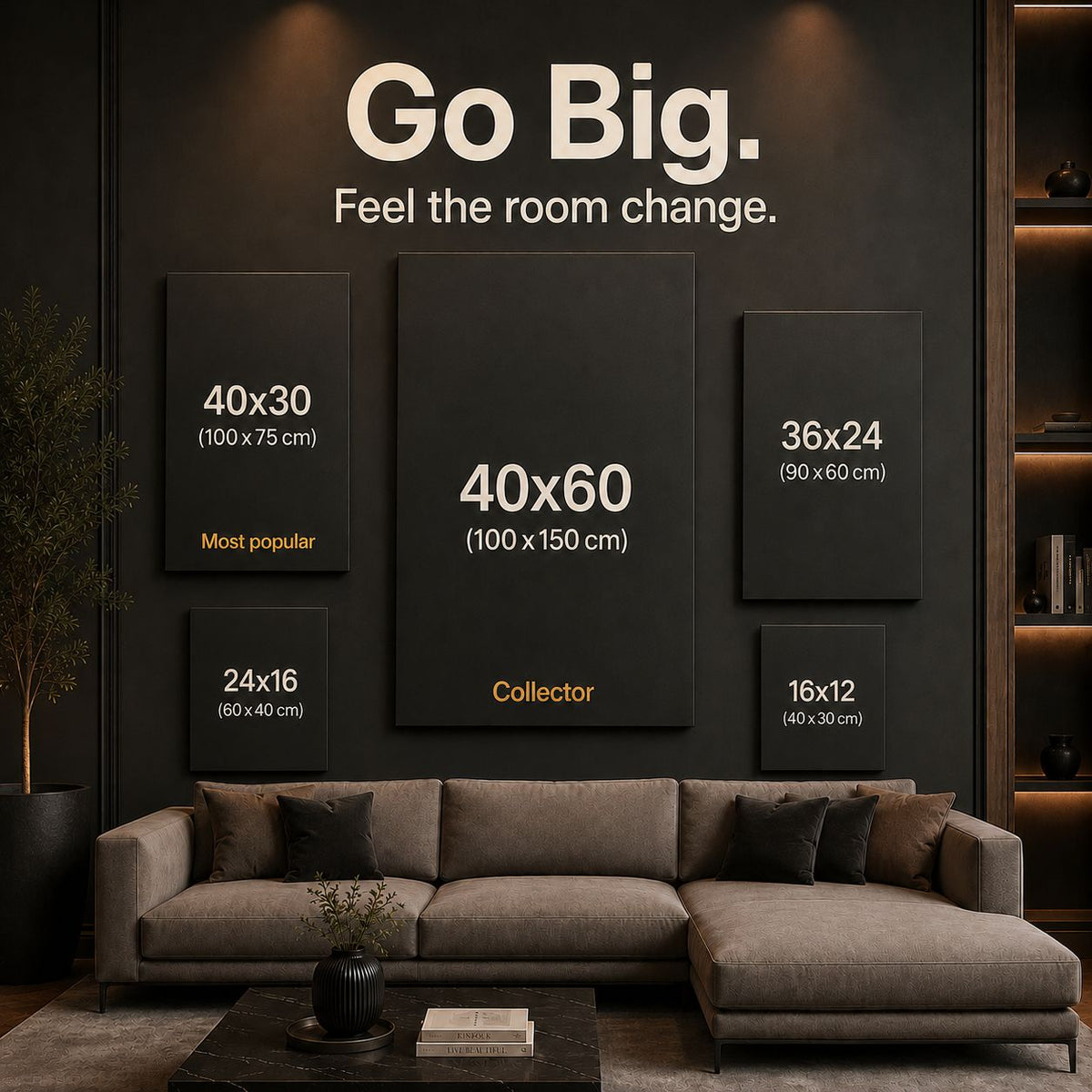 White Herd Standout Horse Wall Art — contemporary canvas print, canvas size guide showing available print dimensions