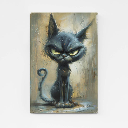 Cat Angry Wall Art — cute canvas print in brown tones, angled canvas view on white background