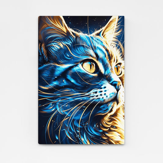 Cat Art Wall — contemporary canvas print in blue tones, angled canvas view on white background