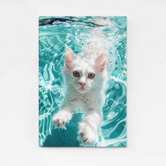 Cat In Water Art – angled canvas view on white background