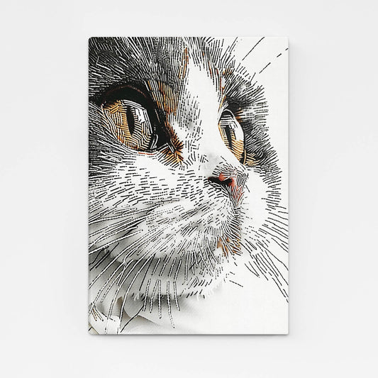 Cat Prints Wall Art — black and white canvas print in white tones, angled canvas view on white background