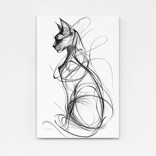 Cat Silhouette Wall Art — black and white canvas print in white tones, angled canvas view on white background