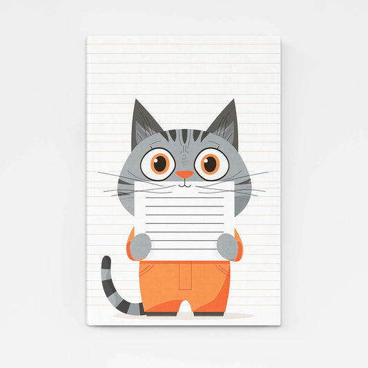 Cat Wall Art Nursery — cute canvas print in white tones, angled canvas view on white background