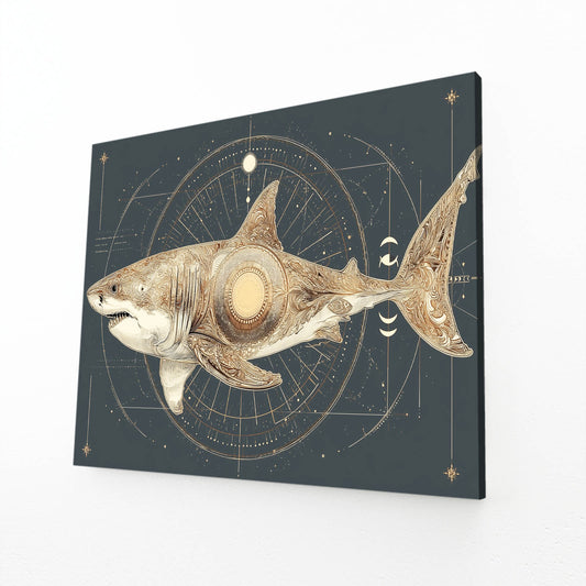 Celestial Navy Chart Shark Wall Decor – angled canvas view on white background