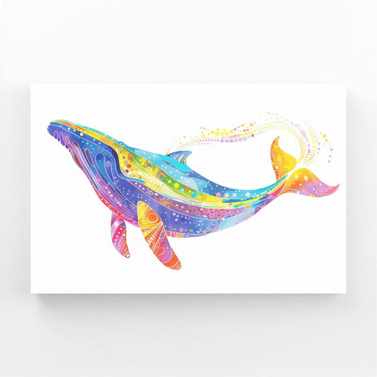 Celestial Rainbow Whale Art – angled canvas view on white background