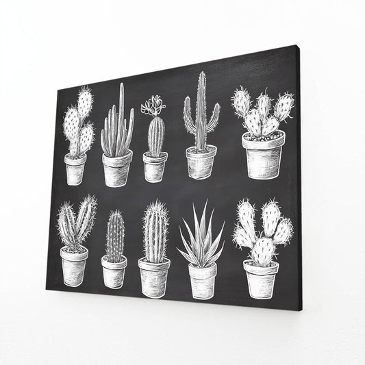 Chalk Specimen Chart Cactus Wall Art – angled canvas view on white background