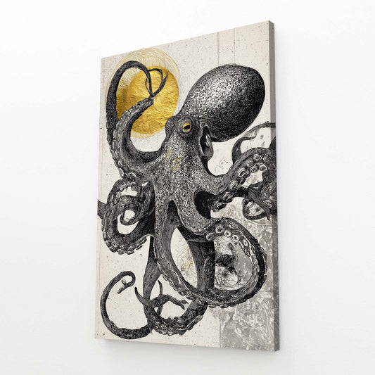 Charcoal Sun Sketch Octopus Canvas Art – angled canvas view on white background