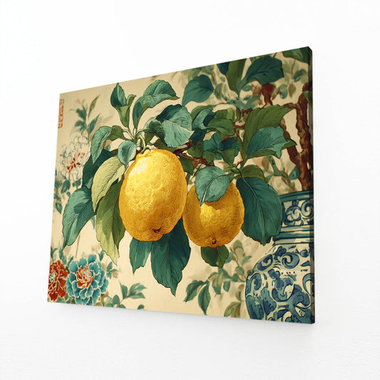 Chinoiserie Lemon Branch Fruit Wall Decor – angled canvas view on white background