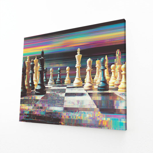Chromatic Glitch Board Chess Wall Decor – angled canvas view on white background