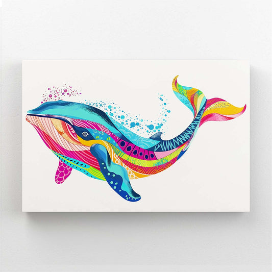 Chromatic Tide Whale Art — boho canvas print in blue tones, angled canvas view on white background