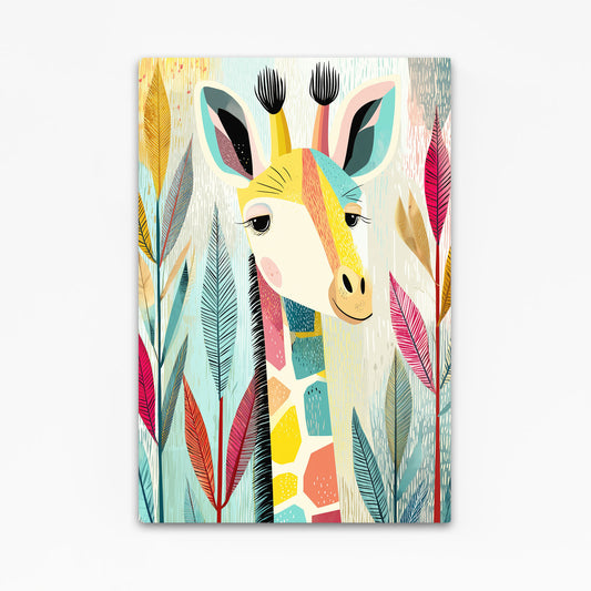 Colorful illustration of a giraffe surrounded by abstract leaves on a light blue background