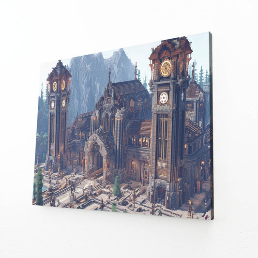Clocktower Steam City Steampunk Art – angled canvas view on white background