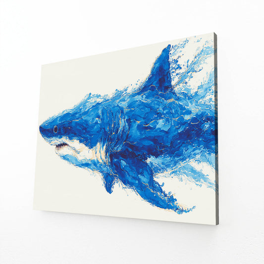 Cobalt Splash Shark Art – angled canvas view on white background