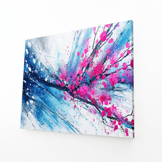 Cobalt Splash Branch Cherry Blossom Canvas – angled canvas view on white background