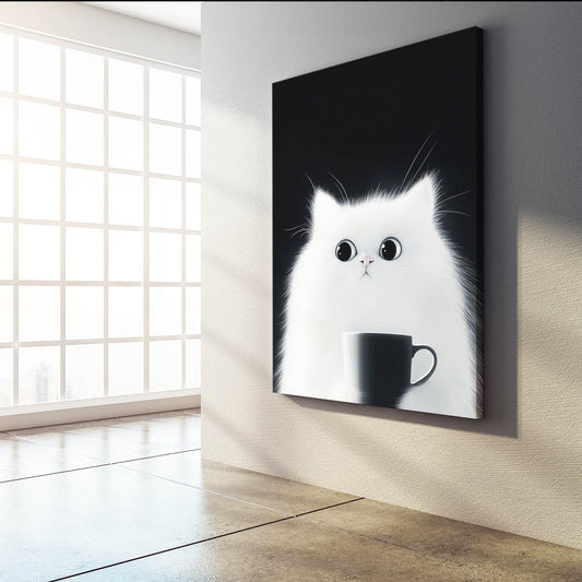 Coffee Stare Cat Wall Art — cute canvas print in white tones, view 3