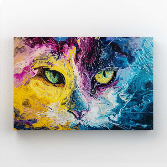 Colorful Abstract Cat Art — digital canvas print in blue tones, canvas print on white background