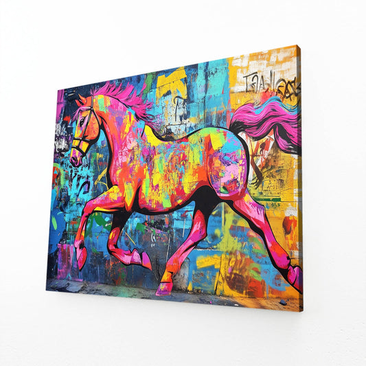 Colorful Abstract Horse Wall Art – angled canvas view on white background