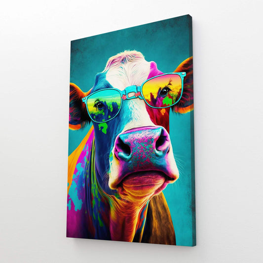 Colorful Cow Art – angled canvas view on white background