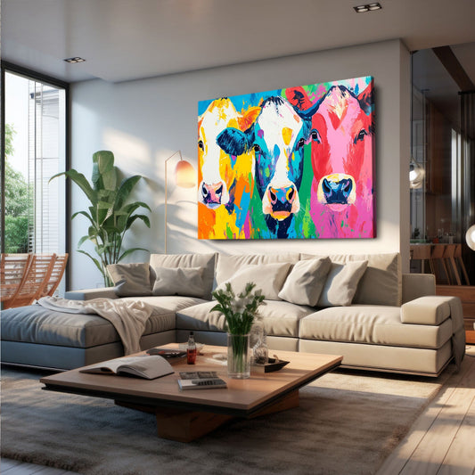 Colorful Cow Wall Art – angled canvas view on white background