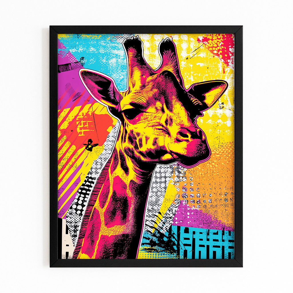 Framed colorful artwork of a giraffe with abstract patterns on a white background