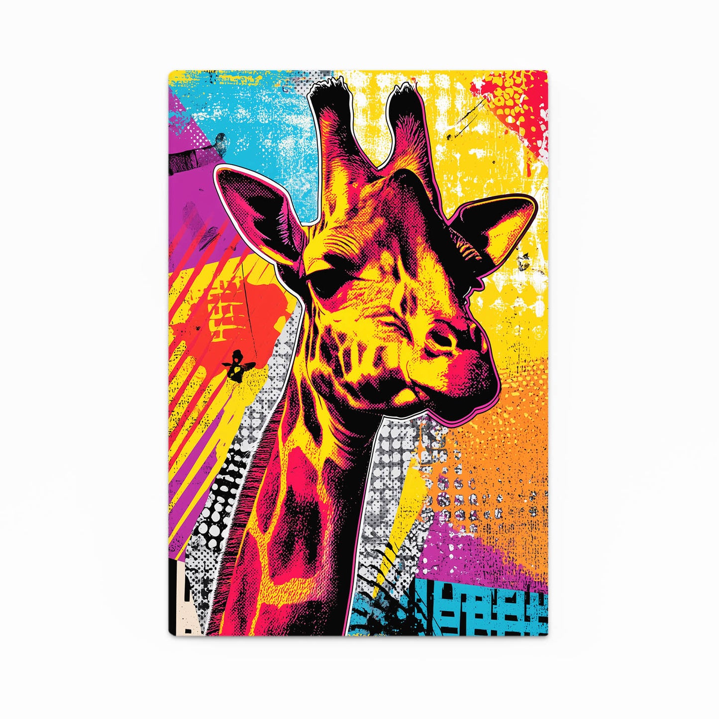 Colorful abstract painting of a giraffe with vibrant patterns on a white background