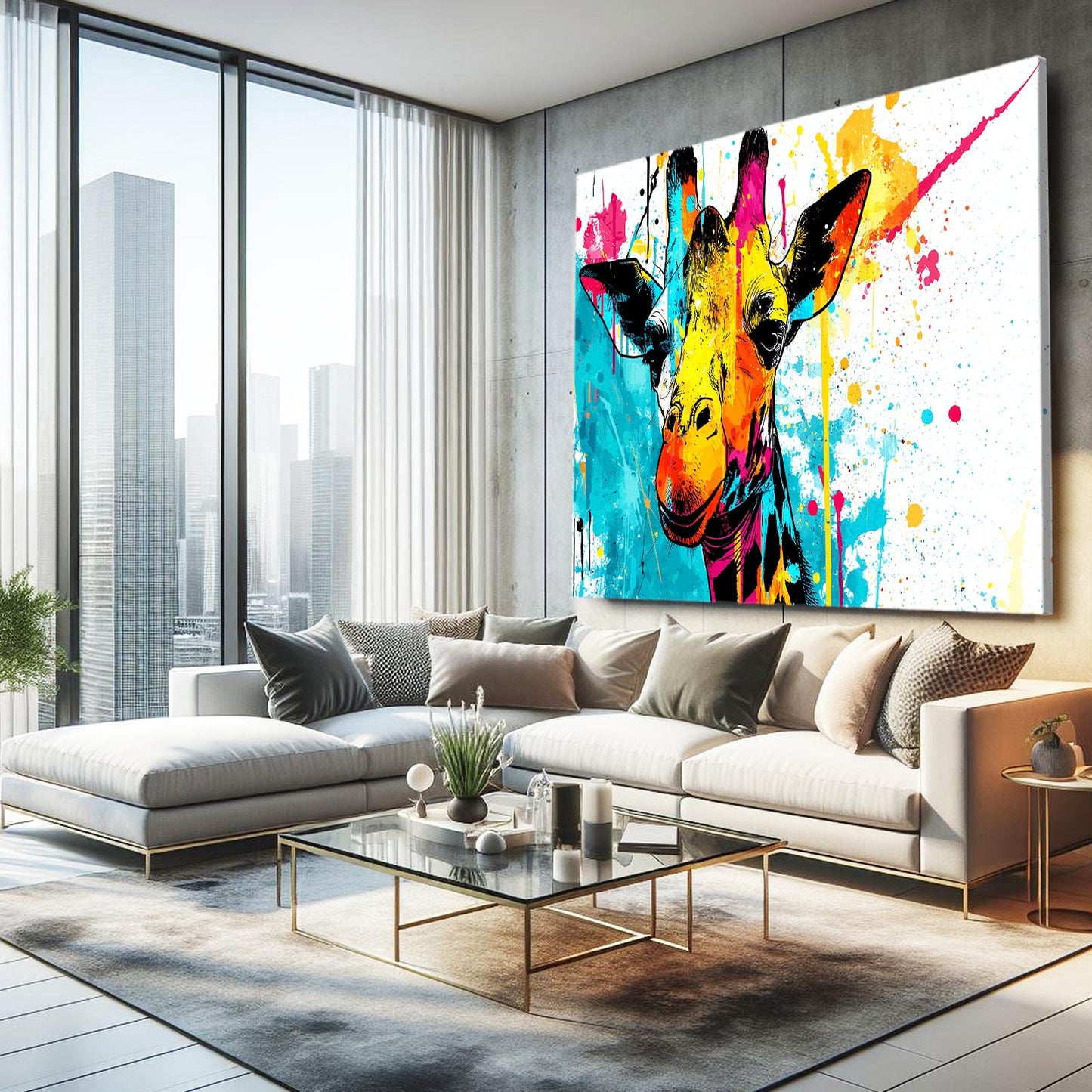Modern living room with a colorful giraffe painting on the wall.