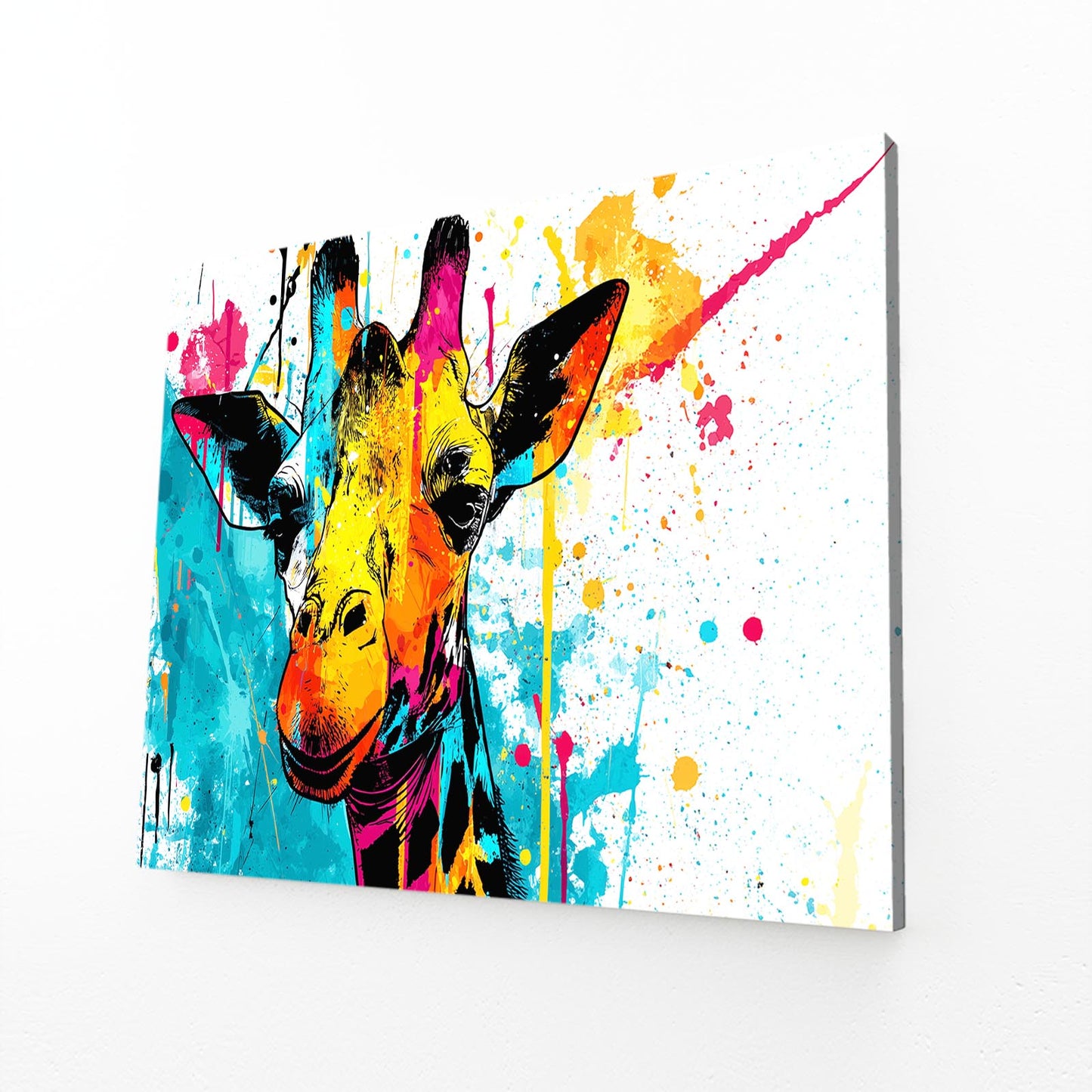 Colorful abstract painting of a giraffe on a white background