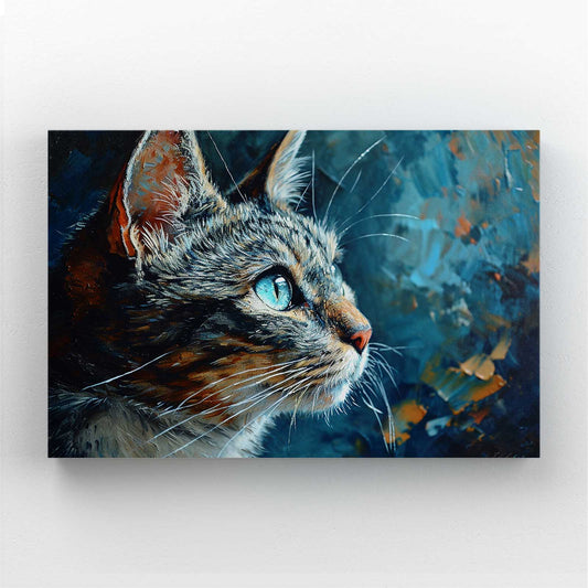 Contemplative Cat Wall Art — digital canvas print in blue tones, canvas print on white background