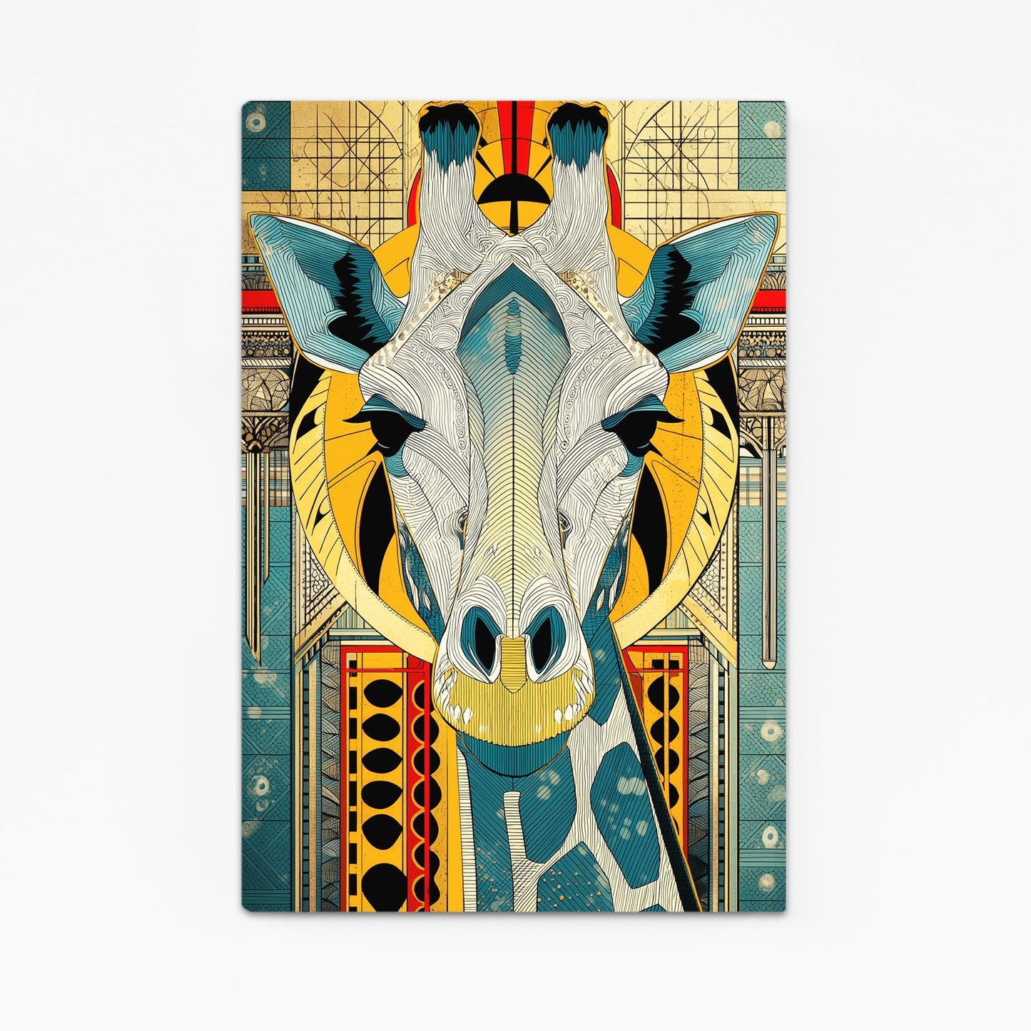 Colorful abstract design of a giraffe's face on a geometric background