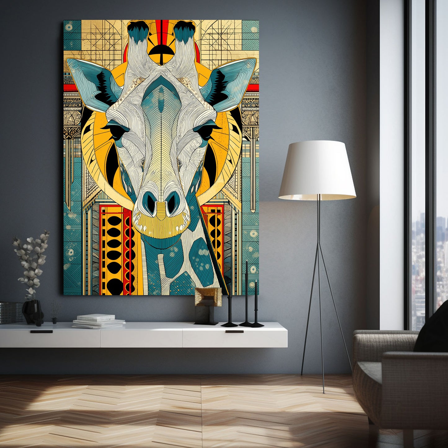 Colorful abstract giraffe painting on a wall in a modern living room.