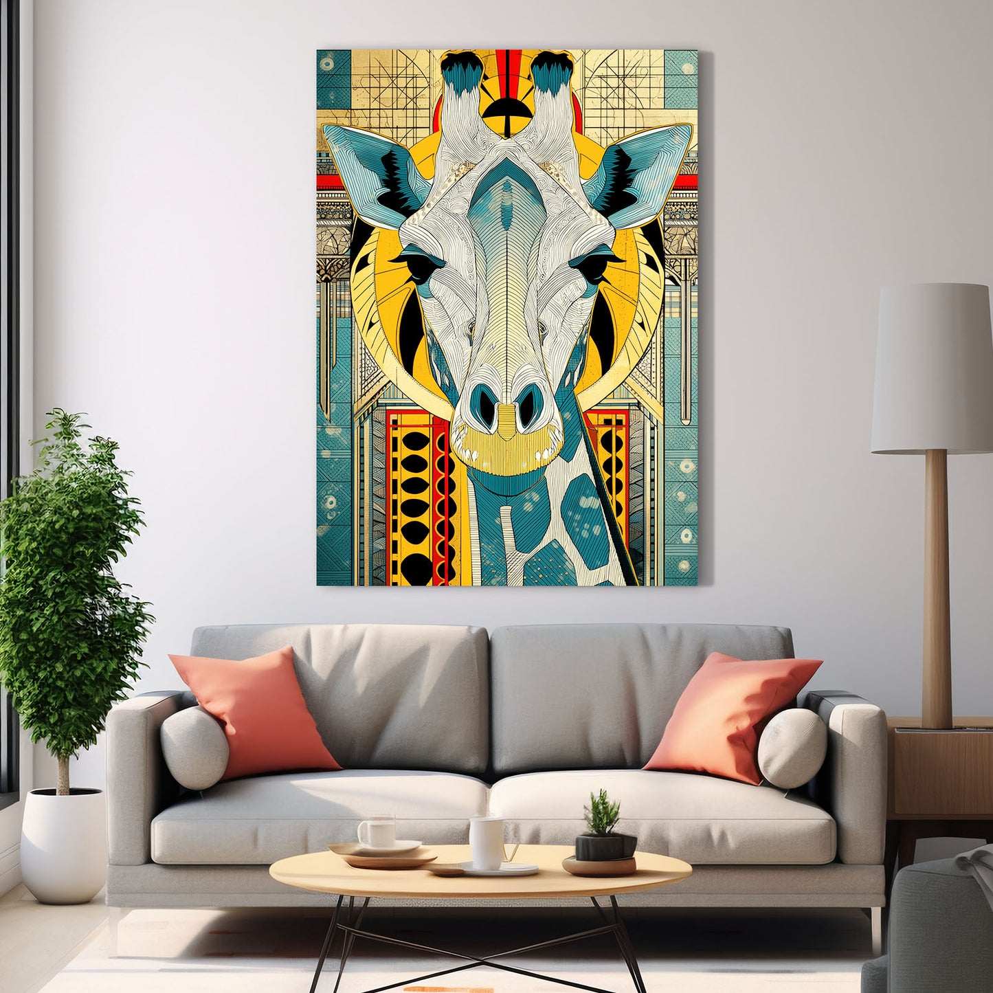 Colorful abstract giraffe painting above a gray sofa in a living room.