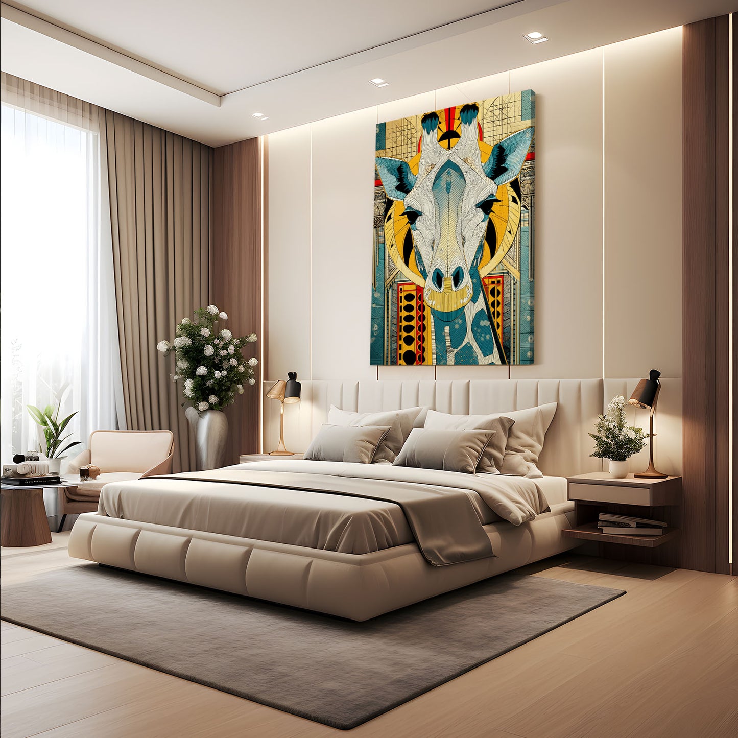 Modern bedroom with a large bed, decorative pillows, and a colorful abstract painting on the wall.