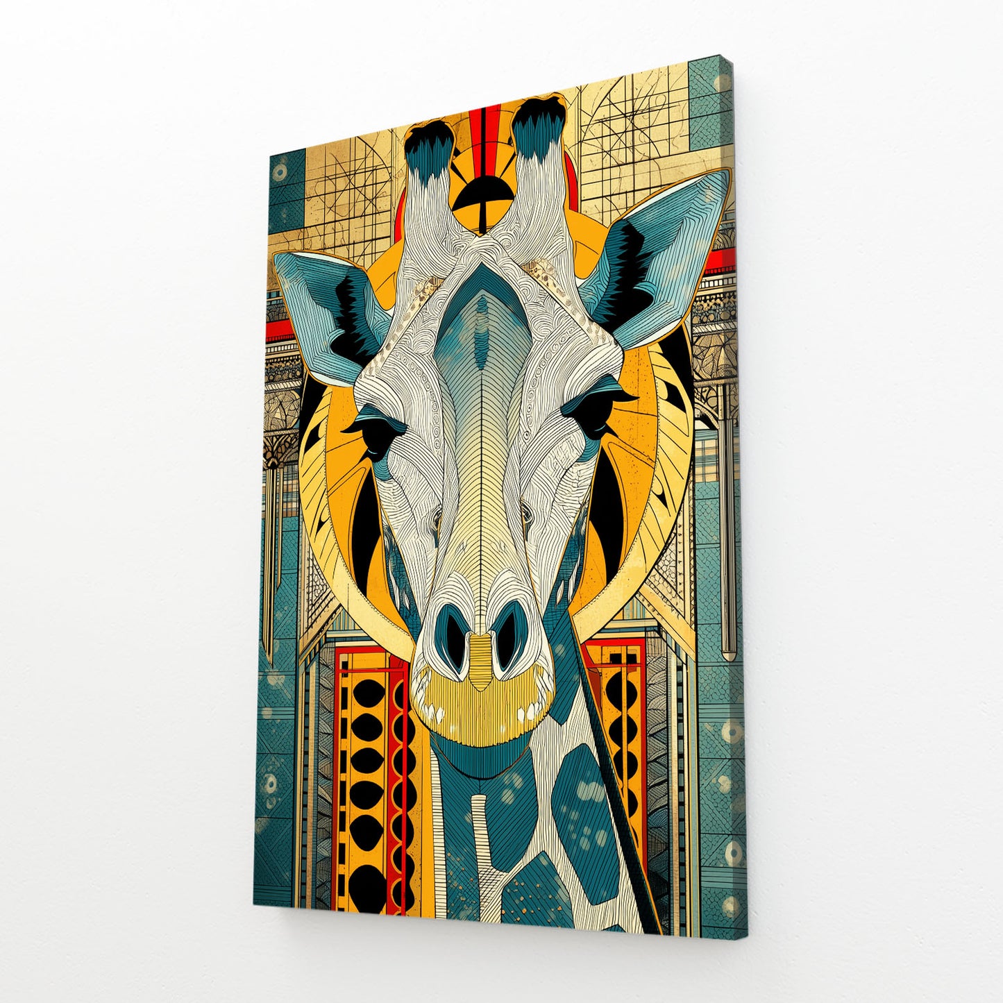 Colorful abstract painting of a giraffe's face with geometric patterns on a white background