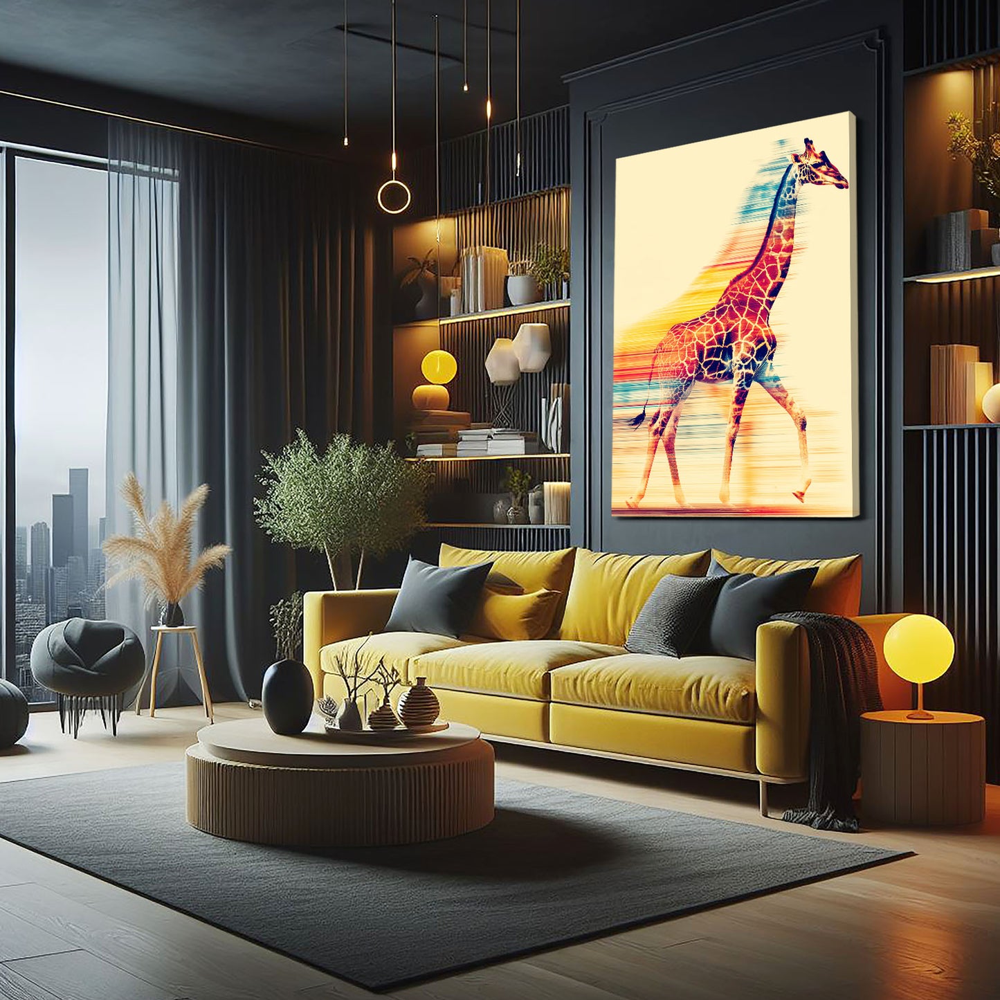 Modern living room with yellow sofa, colorful giraffe painting, and decorative items.