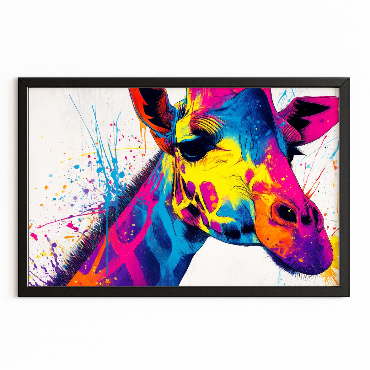 Colorful abstract giraffe painting with splashes on a white background