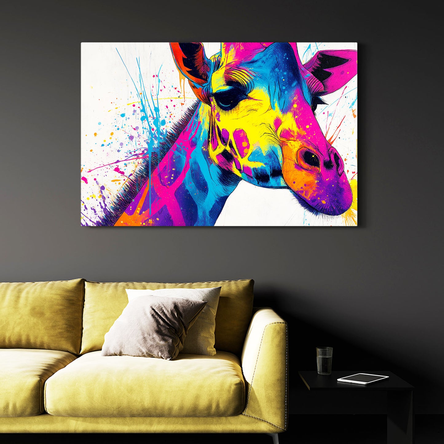 Colorful abstract giraffe painting on a dark wall above a green sofa.