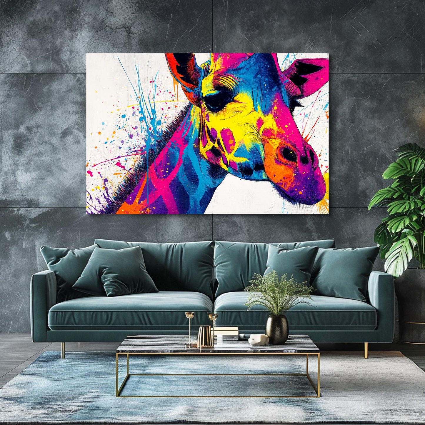 Colorful abstract giraffe painting on a gray wall above a teal sofa.