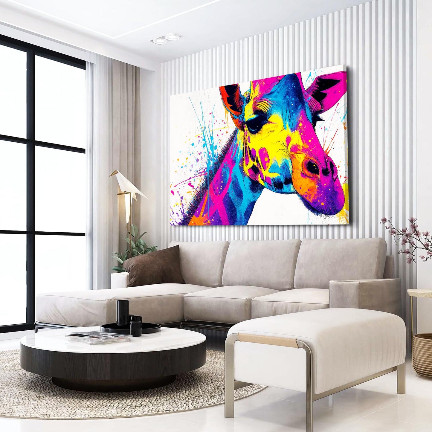 Colorful abstract horse painting on a wall in a modern living room.