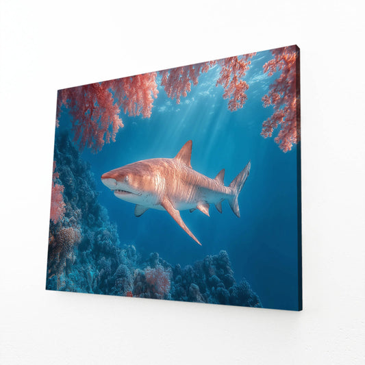Coral Pink Reef Shark Canvas Art – angled canvas view on white background